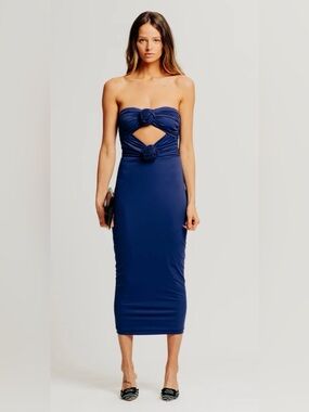 Torn by Ronny Kobo Navy Strapless Cutout Rosette Midi Dress
